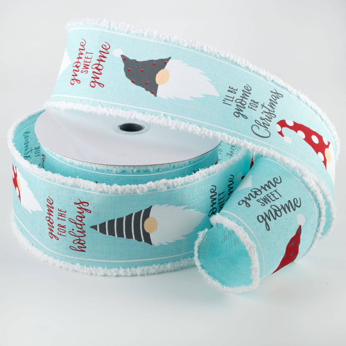 2.5" Christmas Gnome Heads Fuzzy Edge Ribbon: Ice Blue (10 Yards) Lifestyle Photo