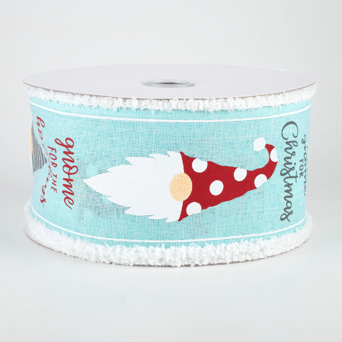 2.5" Christmas Gnome Heads Fuzzy Edge Ribbon: Ice Blue (10 Yards)