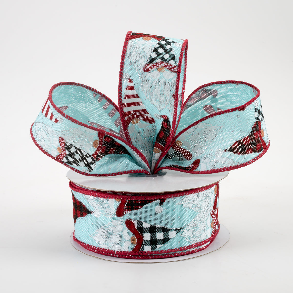 1.5" Christmas Gnome Heads Ribbon: Ice Blue, Red, Black (10 Yards) Lifestyle Photo
