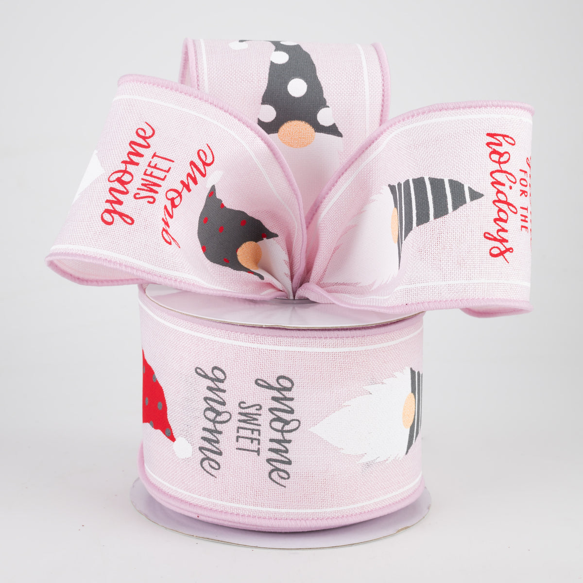 2.5" Christmas Gnome Heads Ribbon: Powder Pink (10 Yards) Lifestyle Photo