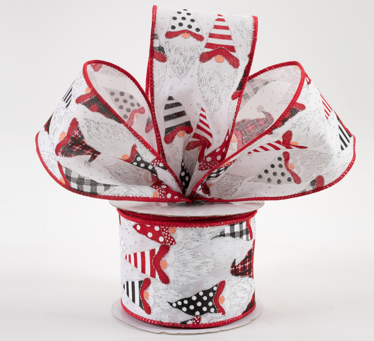 2.5" Christmas Gnome Heads Ribbon: White, Red, Black (10 Yards) Lifestyle Photo