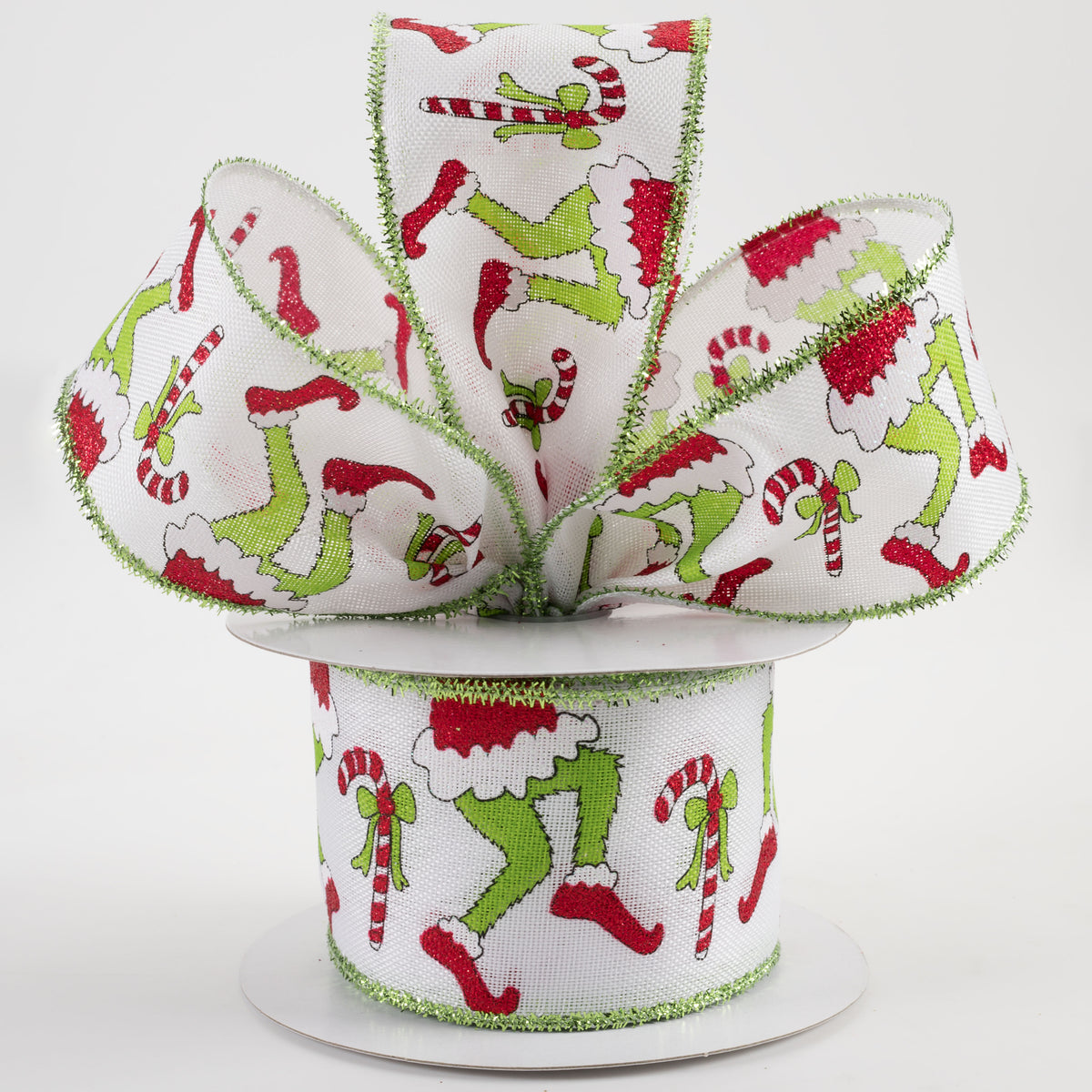 2.5" Christmas Green Monster Legs & Candy Canes Ribbon: Green (10 Yards) Lifestyle Photo