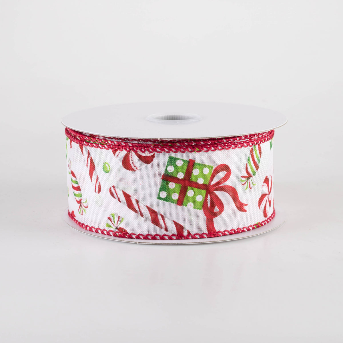 1.5" Christmas Presents & Candy Canes Ribbon: White, Red, Lime (10 Yards) Item Number: 71418-09-01