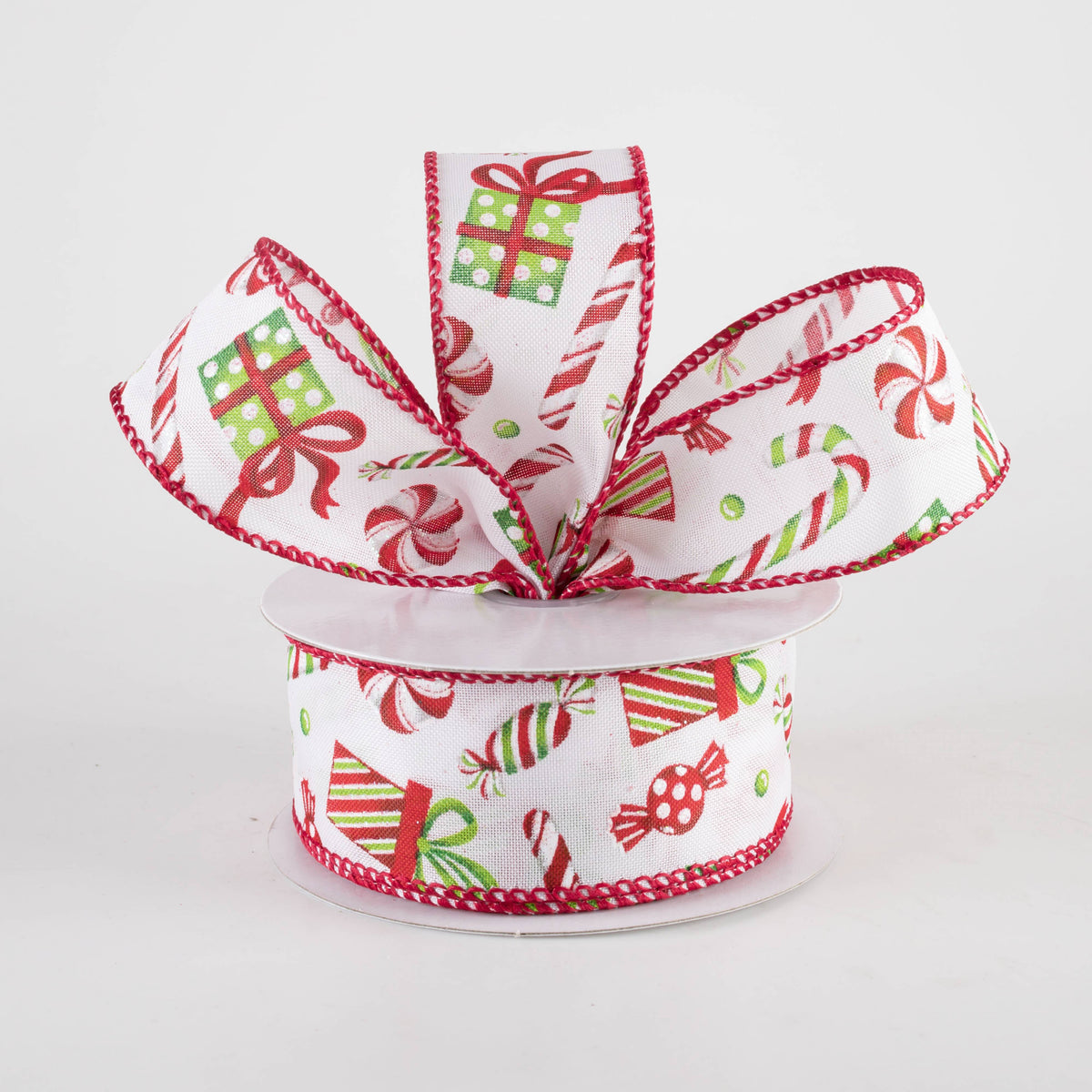 1.5" Christmas Presents & Candy Canes Ribbon: White, Red, Lime (10 Yards) Lifestyle Photo
