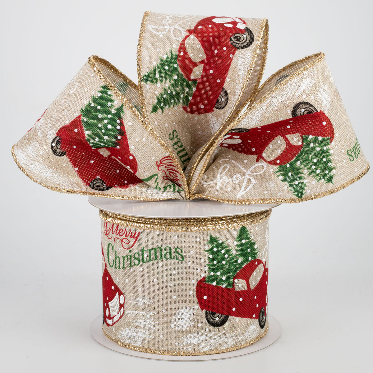 2.5" Christmas Truck & Tree Ribbon: Natural (10 Yards) Lifestyle Photo