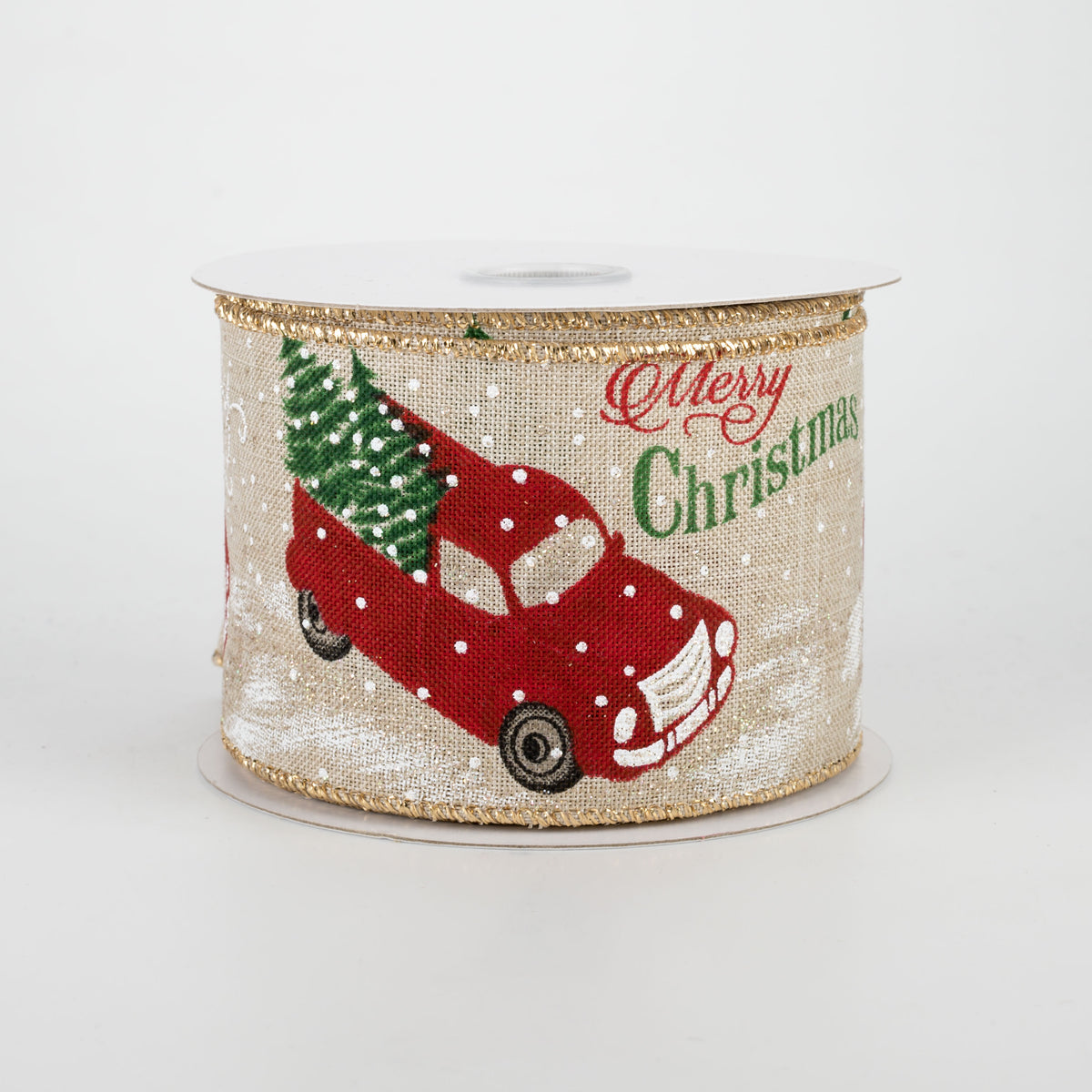 2.5" Christmas Truck & Tree Ribbon: Natural (10 Yards)