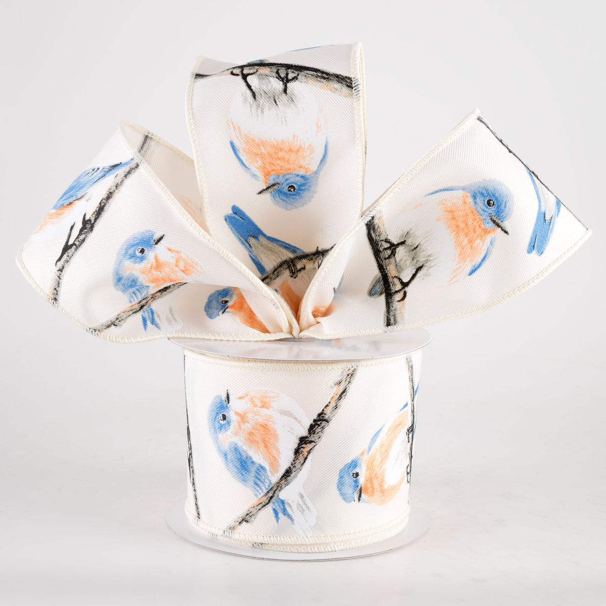 2.5" Chubby Blue & Orange Birds Ribbon: Ivory (10 Yards) Lifestyle Photo