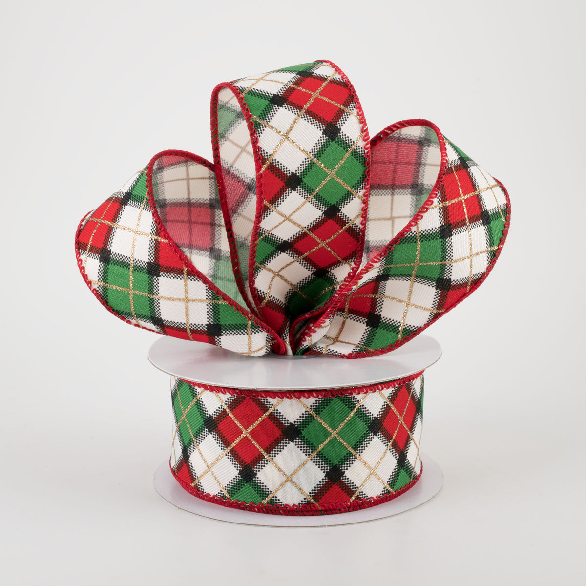 1.5" Claire Plaid Ribbon: Ivory, Red, Green (10 Yards) Lifestyle Photo