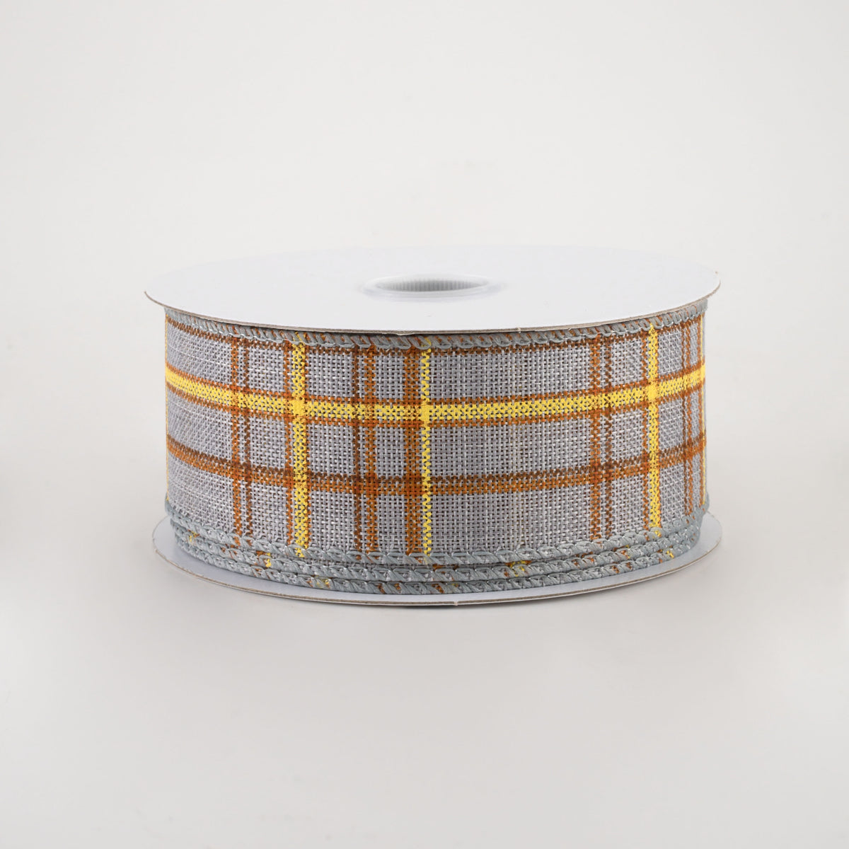 1.5" Cornelia Plaid Ribbon: Grey, Rust, Yellow (10 Yards)