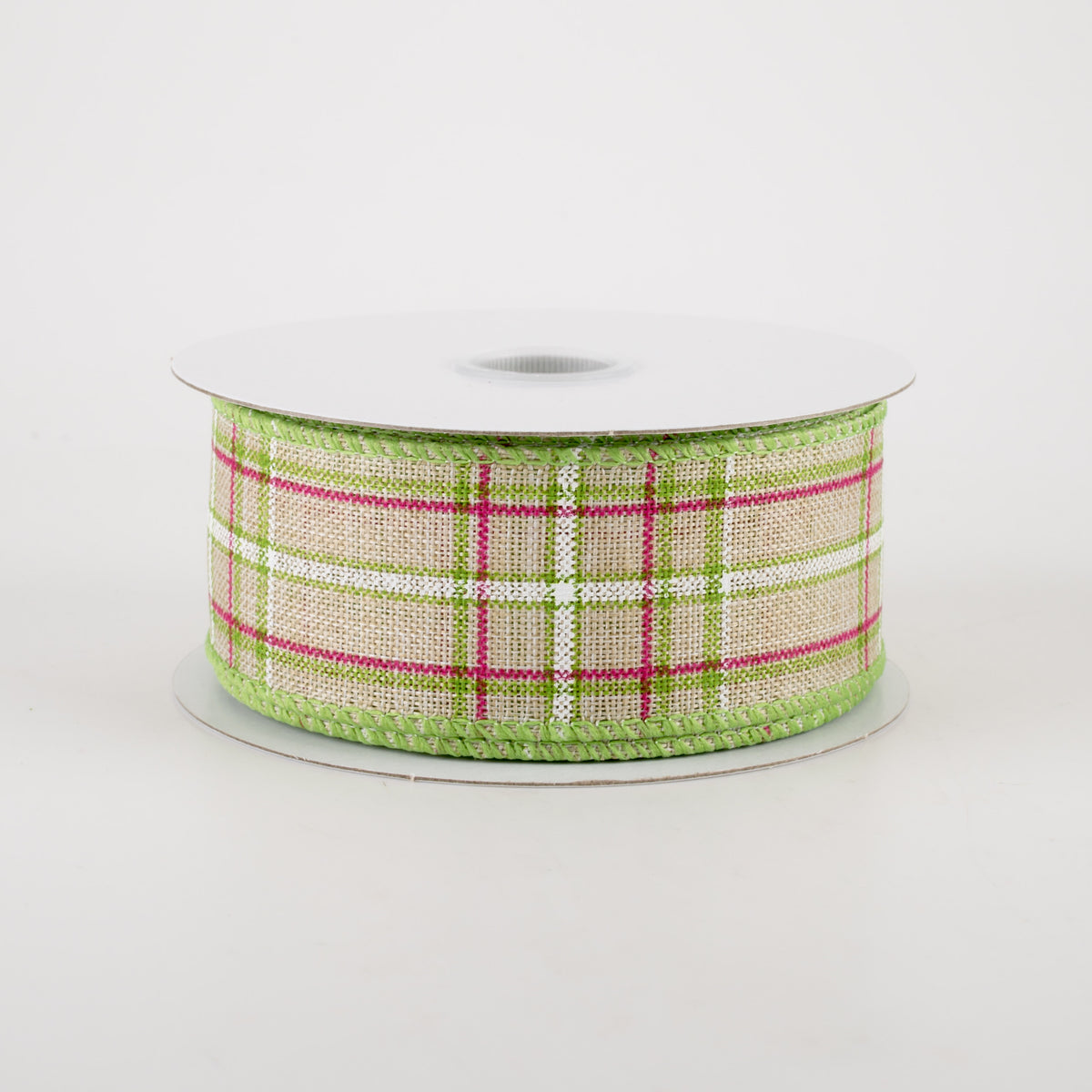 1.5" Cornelia Plaid Ribbon: Natural, Fuchsia, Green & White (10 Yards)