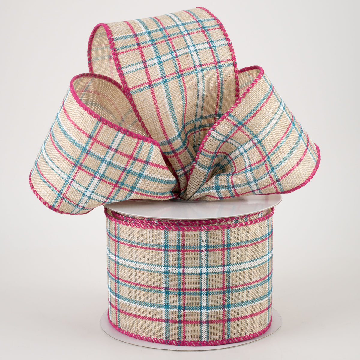 2.5" Cornelia Plaid Ribbon: Natural, Fuchsia, Turquoise & White (10 Yards) Lifestyle Photo