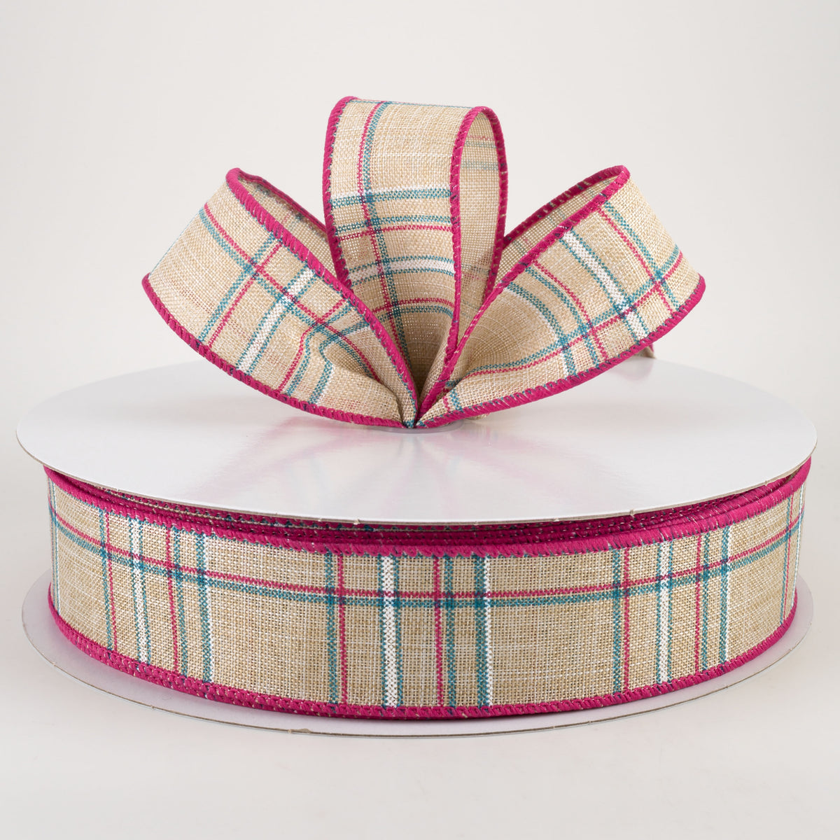 1.5" Cornelia Plaid Ribbon: Natural, Fuchsia, Turquoise & White (50 Yards) Lifestyle Photo