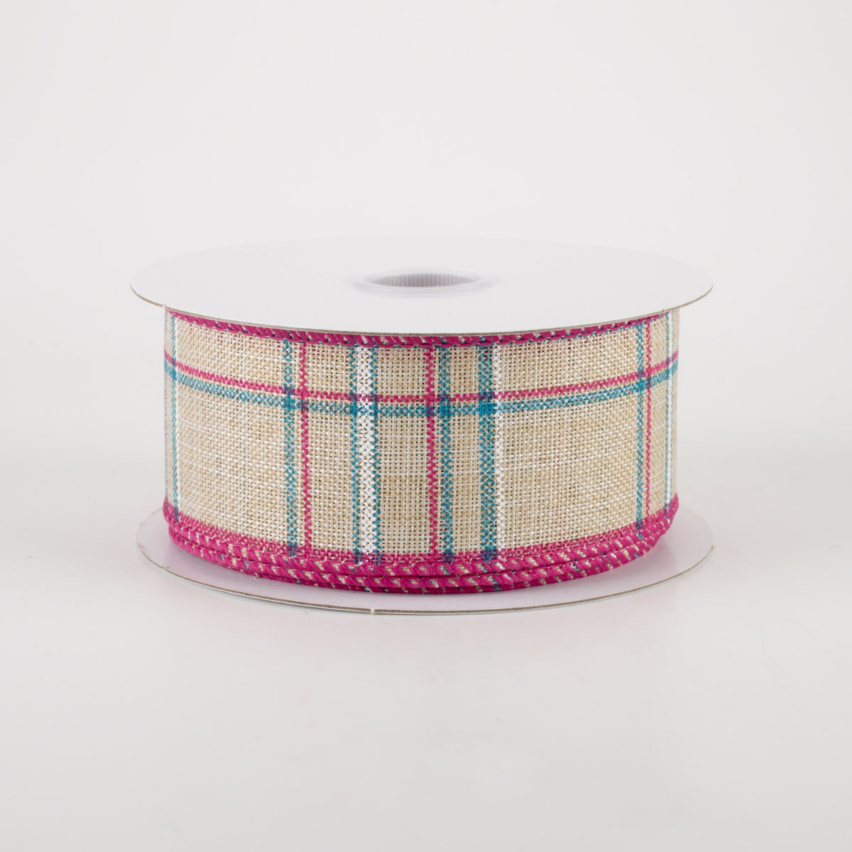 1.5" Cornelia Plaid Ribbon: Natural, Fuchsia, Turquoise & White (10 Yards)