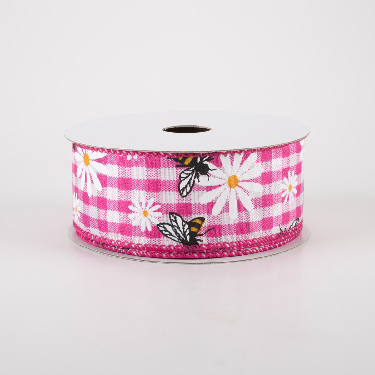 1.5" Daisies & Bees Ribbon: Fuchsia Pink Gingham (10 Yards) Item Number: 41232-09-28
