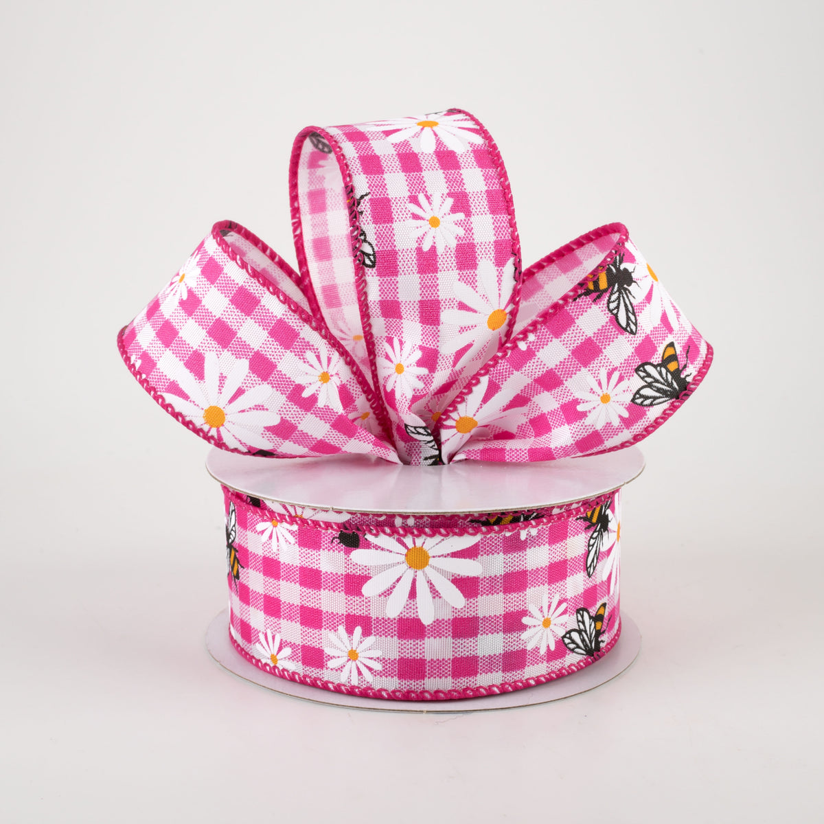 1.5" Daisies & Bees Ribbon: Fuchsia Pink Gingham (10 Yards) Lifestyle Photo
