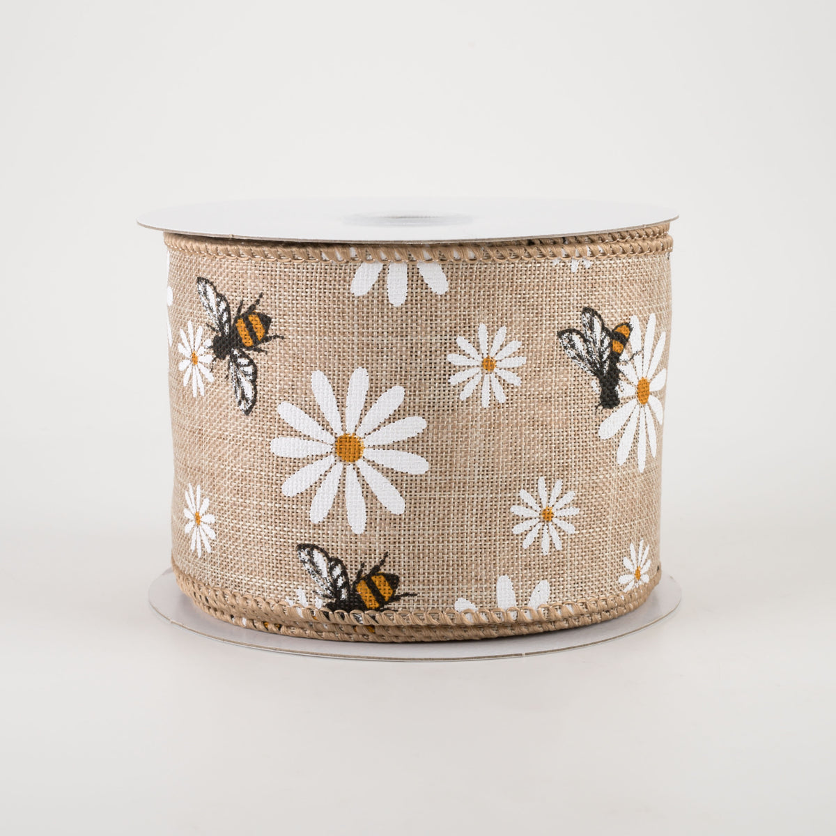 2.5" Daisies & Bees Ribbon: Natural Linen (10 Yards)