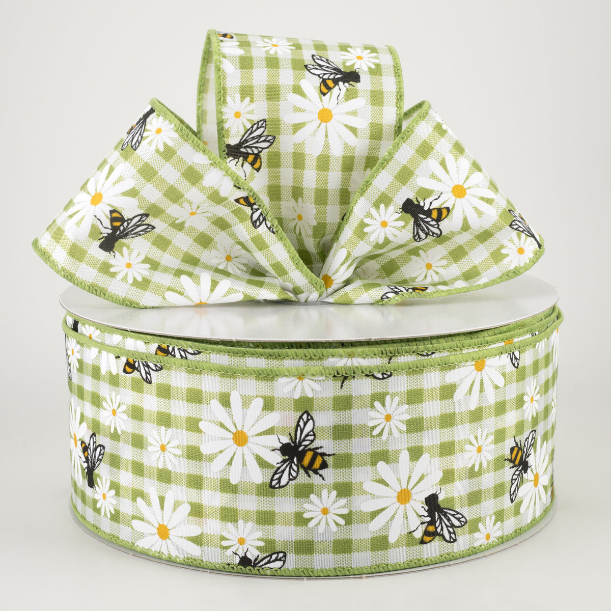2.5" Daisies & Bees Ribbon: Sage Green Gingham (50 Yards) Lifestyle Photo
