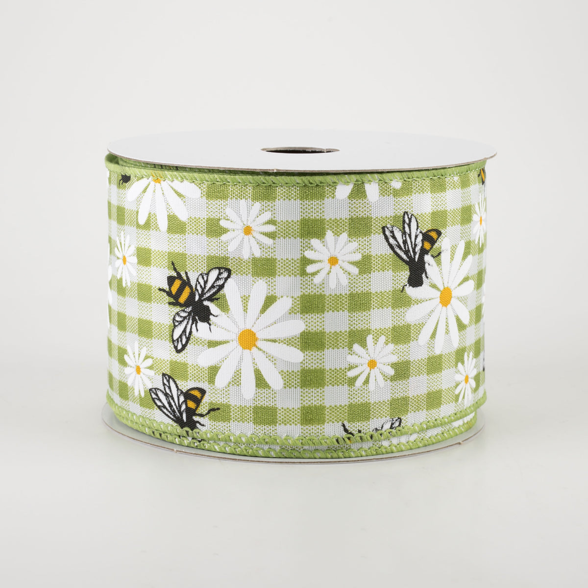 2.5" Daisies & Bees Ribbon: Sage Green Gingham (10 Yards)