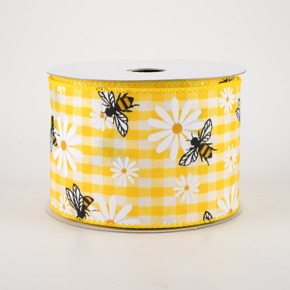 2.5" Daisies & Bees Ribbon: Yellow Gingham (10 Yards)