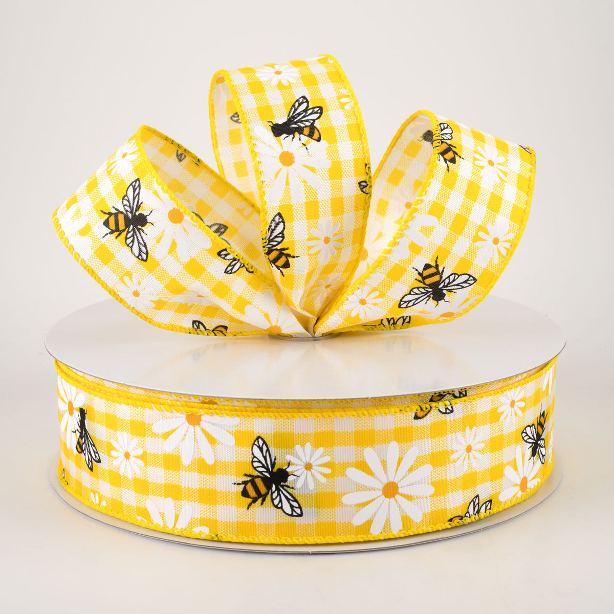 1.5" Daisies & Bees Ribbon: Yellow & White Gingham (50 Yards) Lifestyle Photo