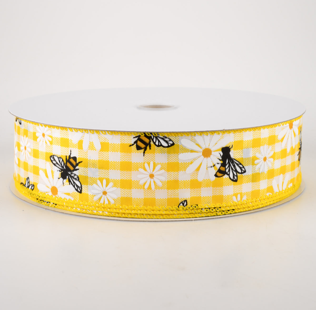 1.5" Daisies & Bees Ribbon: Yellow & White Gingham (50 Yards)