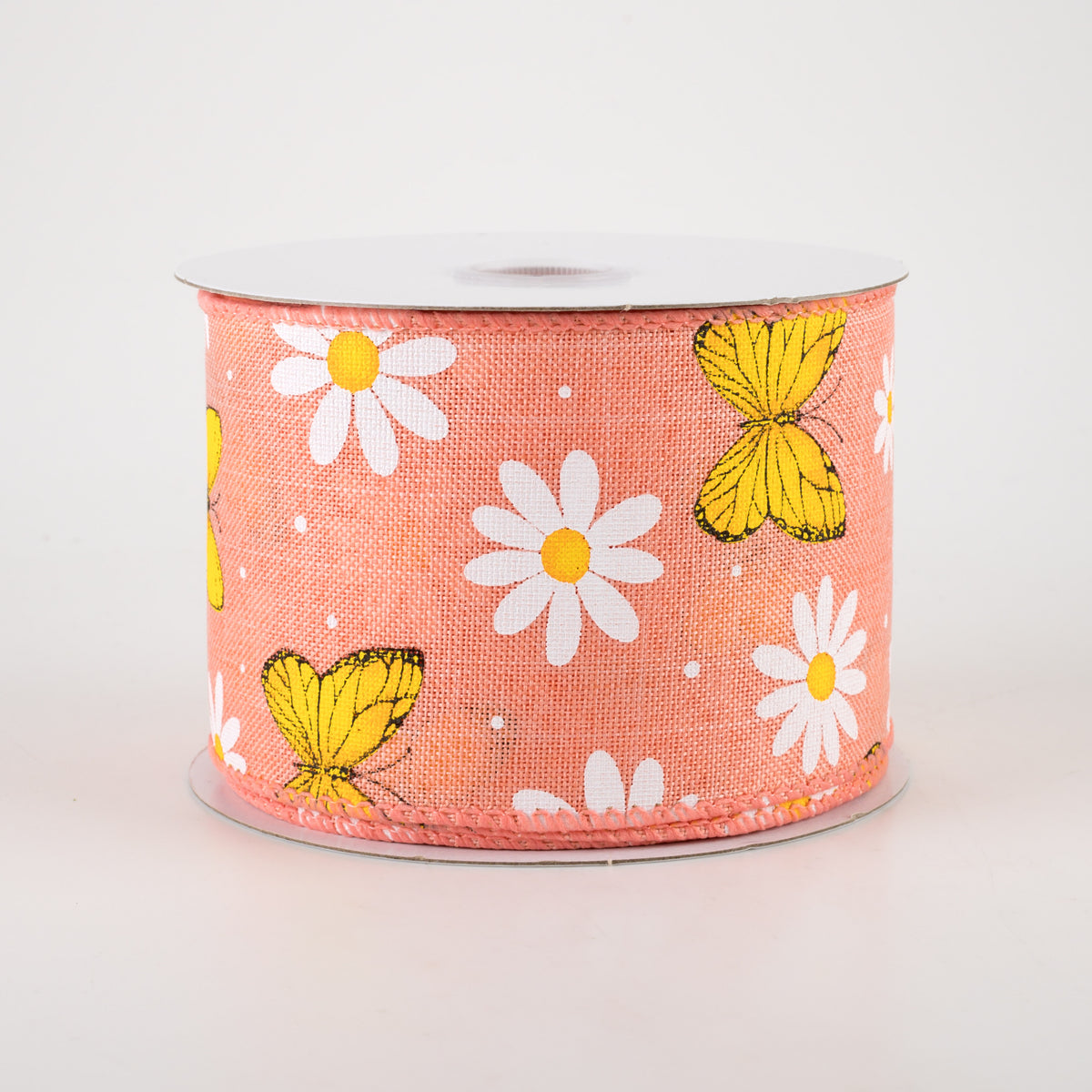 2.5" Daisies & Butterflies Linen Ribbon: Coral (10 Yards) Item Number: 41264-40-46