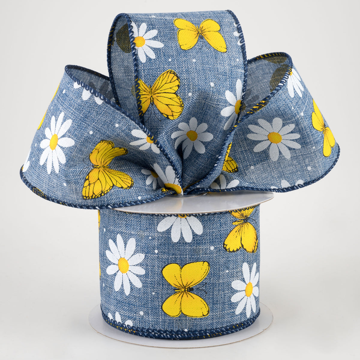 2.5" Daisies & Butterflies Linen Ribbon: Denim Blue (10 Yards) Lifestyle Photo