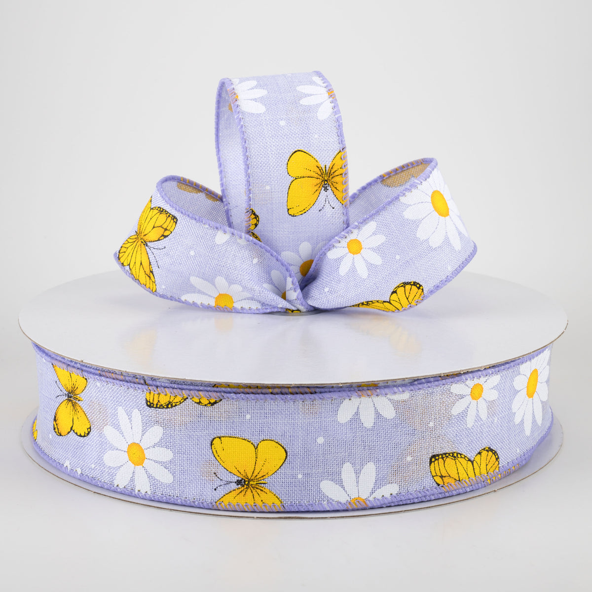1.5" Daisies & Butterflies Linen Ribbon: Lavender (50 Yards) Lifestyle Photo
