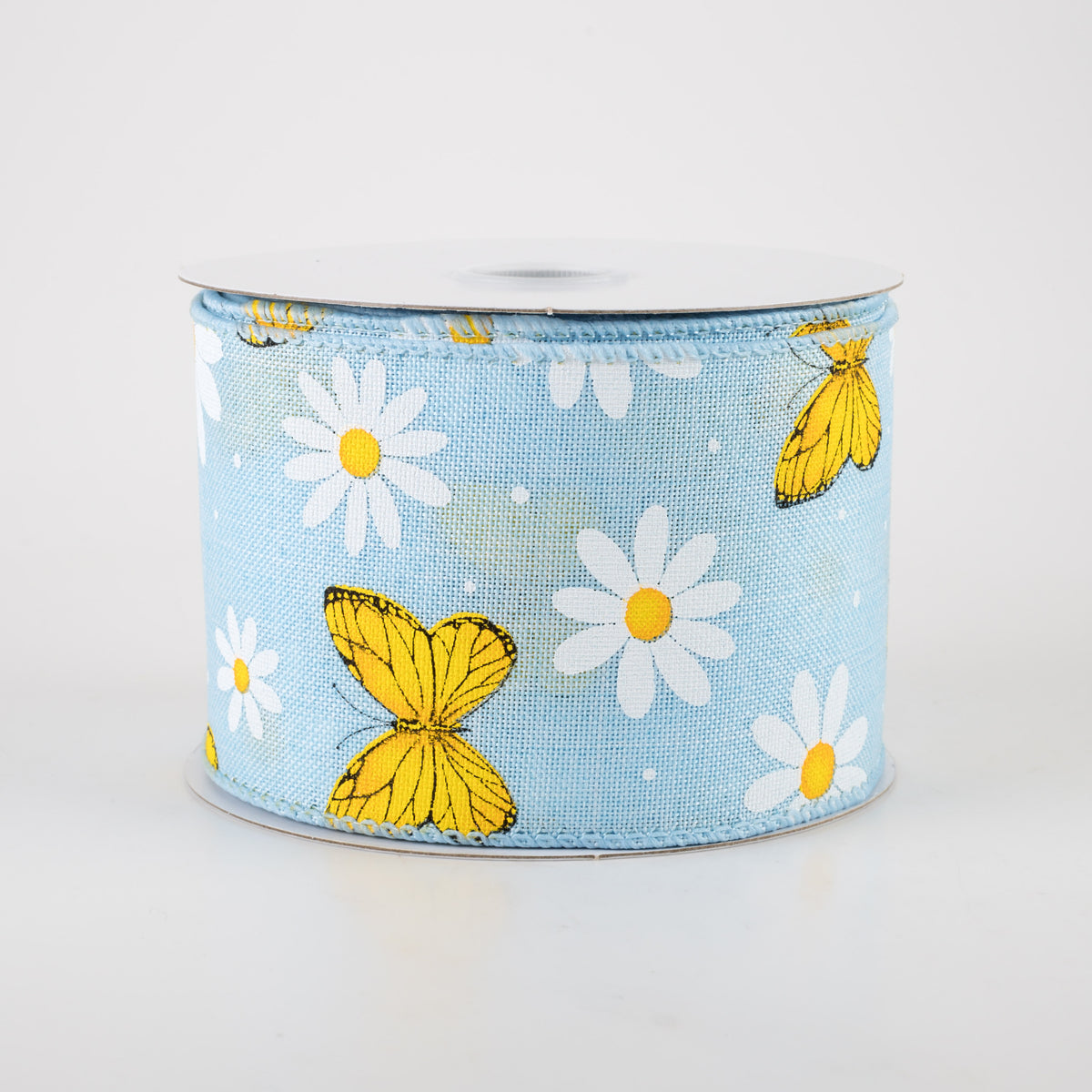 2.5" Daisies & Butterflies Linen Ribbon: Light Blue (10 Yards)