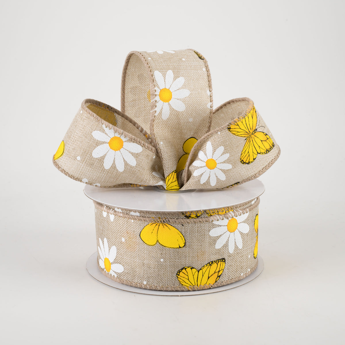 1.5" Daisies & Butterflies Linen Ribbon: Natural (10 Yards) Lifestyle Photo