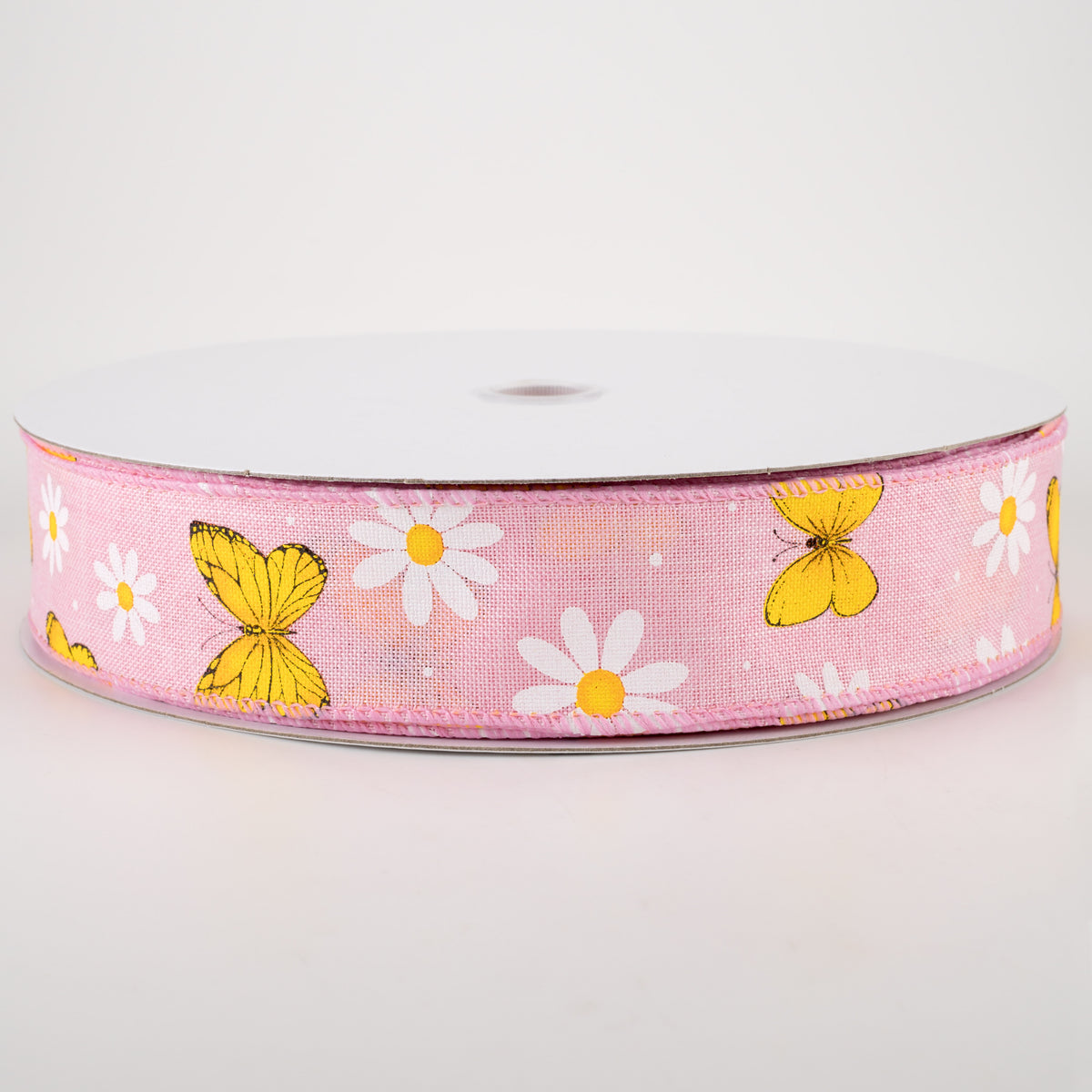 1.5" Daisies & Butterflies Linen Ribbon: Pink (50 Yards)