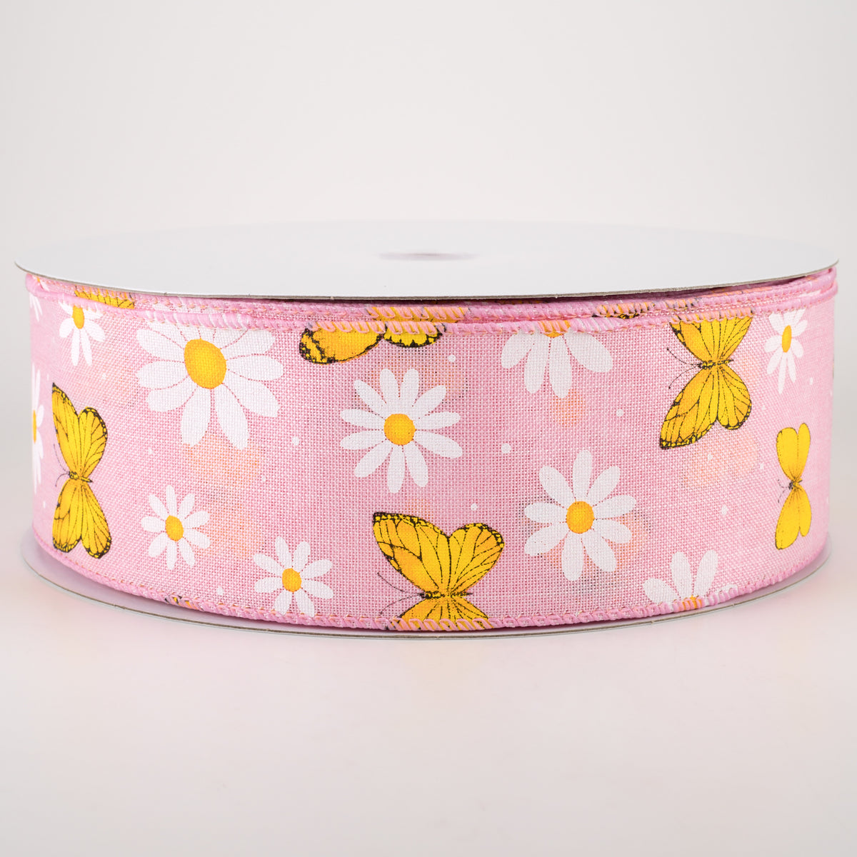 2.5" Daisies & Butterflies Linen Ribbon: Pink (50 Yards) Item Number: 841-40-231