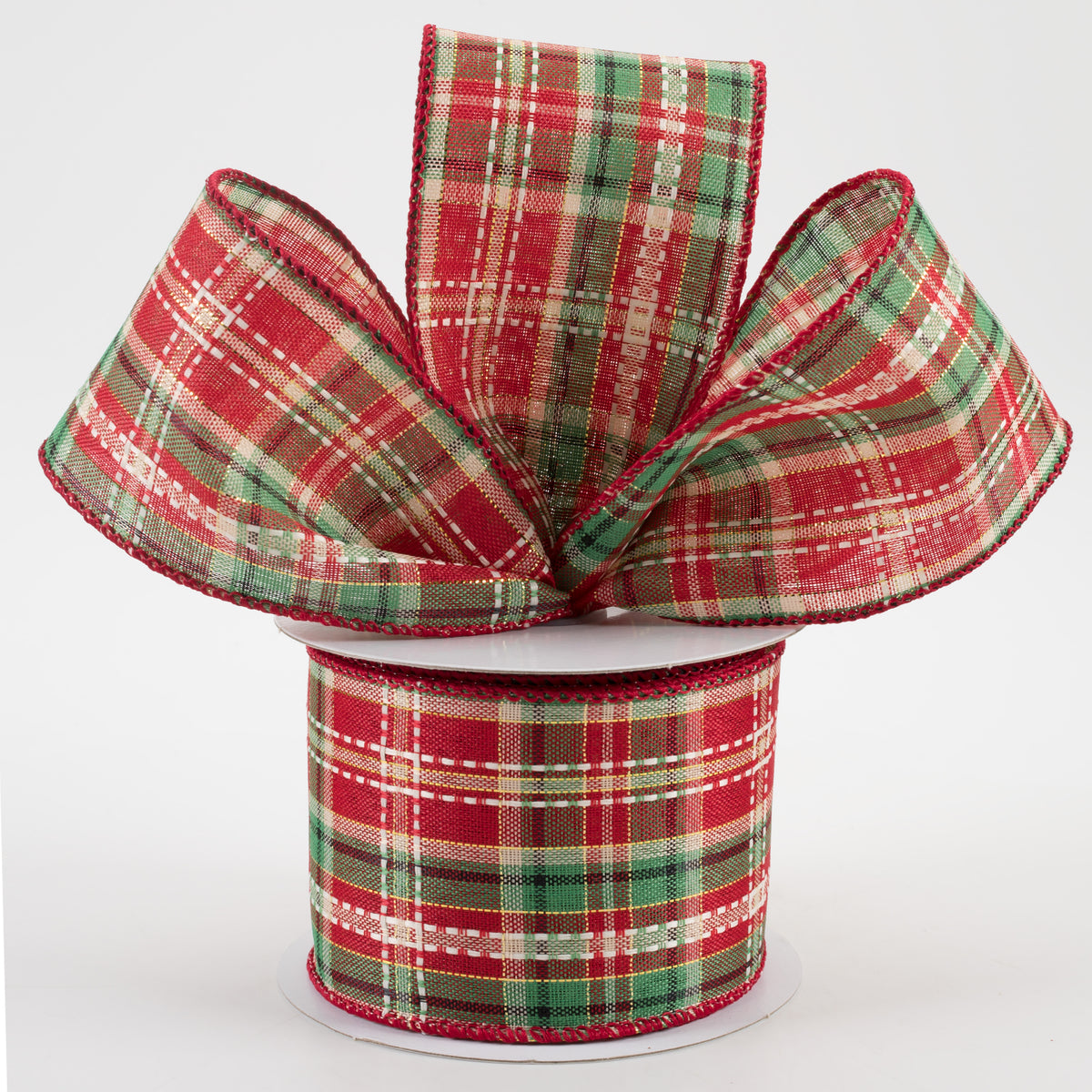 2.5" Dash Stitch Plaid Ribbon: Red, Green, White, Natural (10 Yards) Lifestyle Photo