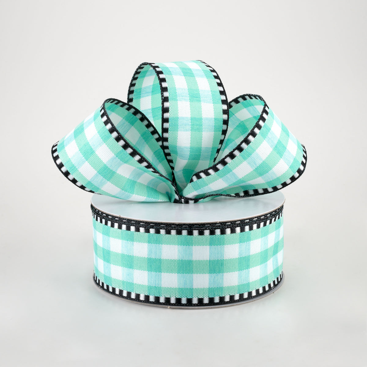 1.5" Dashed Edge Check Plaid Ribbon: Aqua & White (10 Yards) Lifestyle Photo