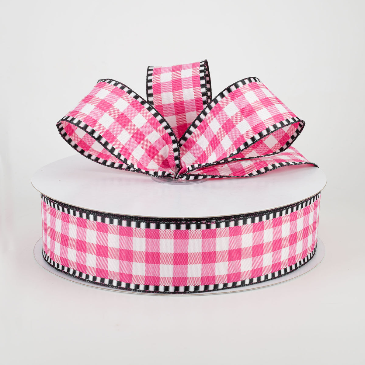 1.5" Dashed Edge Check Plaid Ribbon: Fuchsia & White (50 Yards) Lifestyle Photo