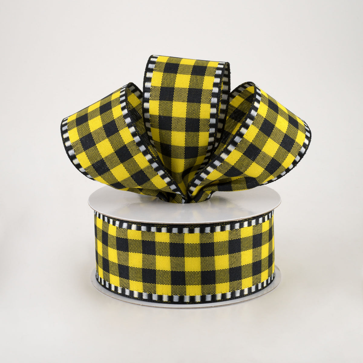 1.5" Dashed Edge Check Plaid Ribbon: Yellow & Black (10 Yards) Lifestyle Photo
