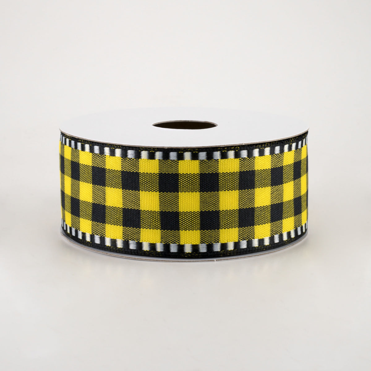 1.5" Dashed Edge Check Plaid Ribbon: Yellow & Black (10 Yards) Item Number: 47102-09-49