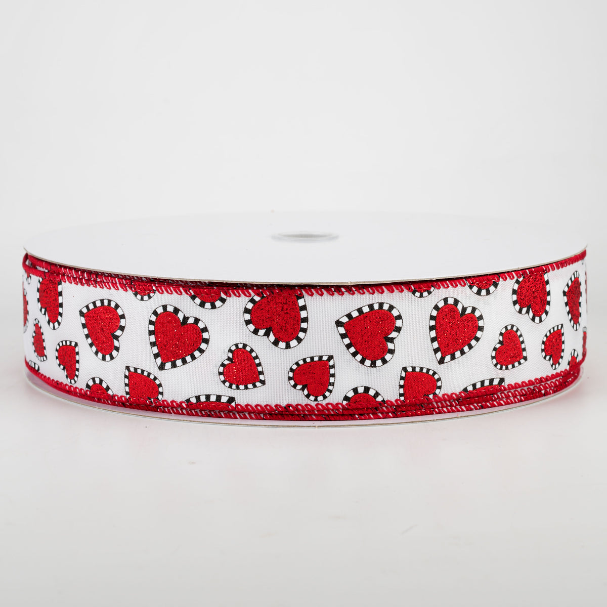 1.5" Dashed Edge Glitter Heart Ribbon: White (50 Yards) Item Number: 811-09-102
