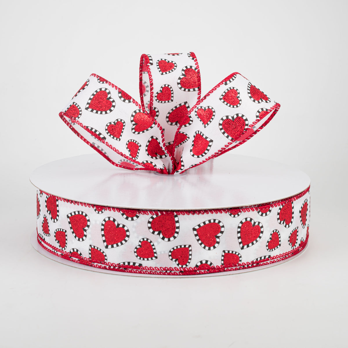 1.5" Dashed Edge Glitter Heart Ribbon: White (50 Yards) Lifestyle Photo