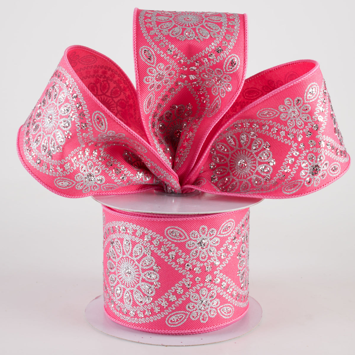 2.5" Deluxe Wavy Floral Ribbon: Hot Pink & Silver (10 Yards) Lifestyle Photo