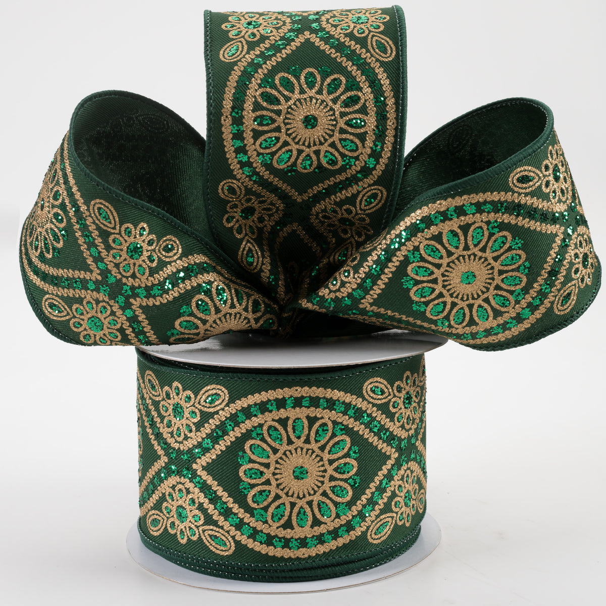 2.5" Deluxe Wavy Floral Ribbon: Hunter, Gold, Emerald Green (10 Yards) Lifestyle Photo