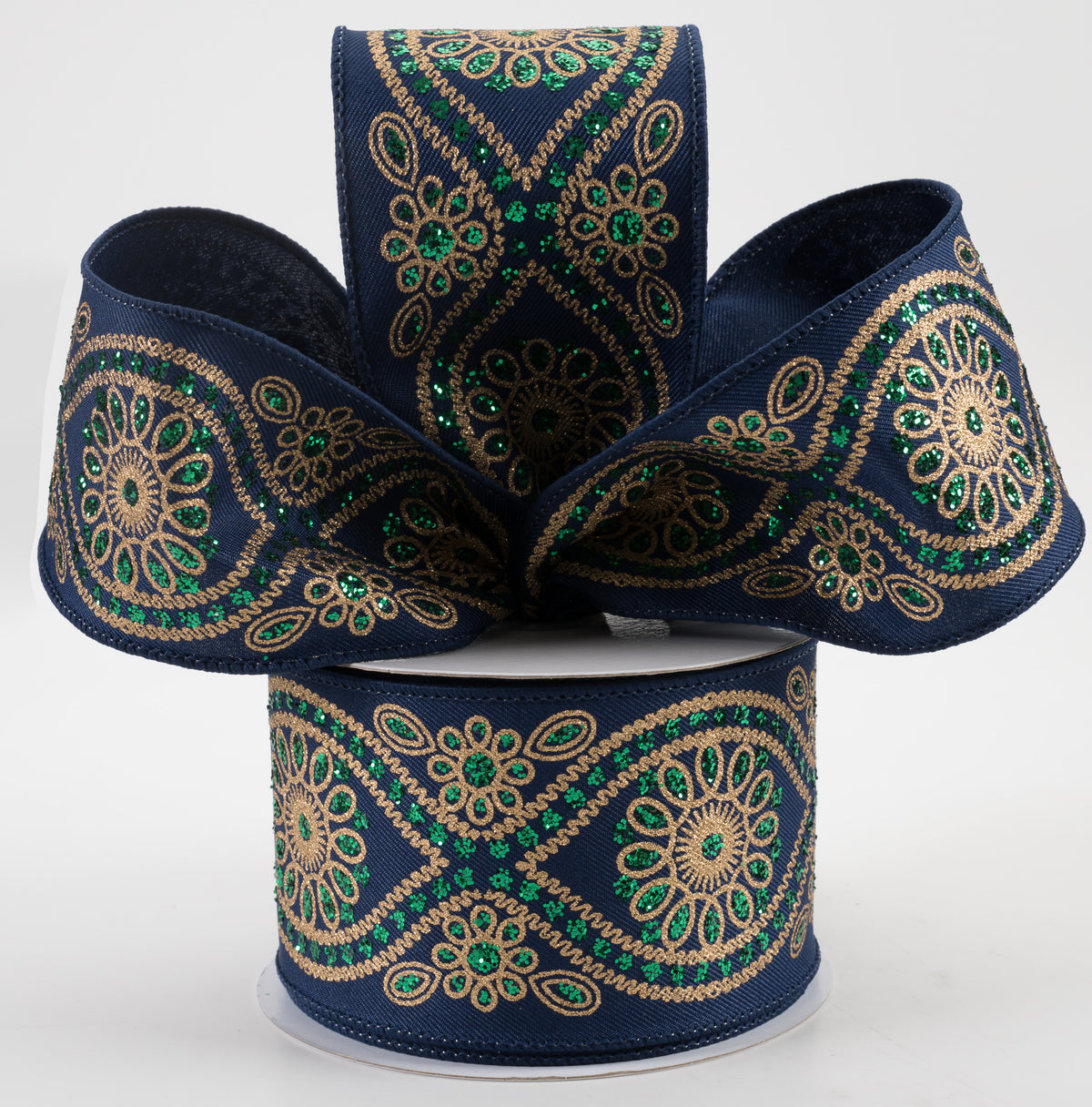 2.5" Deluxe Wavy Floral Ribbon: Navy, Gold, Emerald (10 Yards) Lifestyle Photo