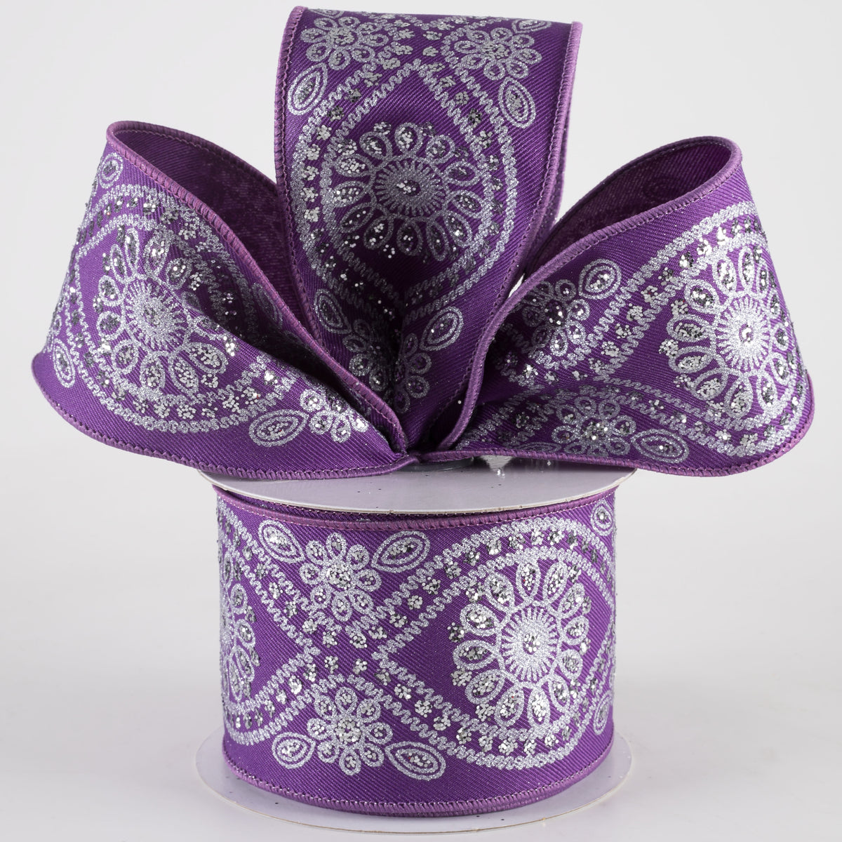 2.5" Deluxe Wavy Floral Ribbon: Purple & Silver (10 Yards) Lifestyle Photo