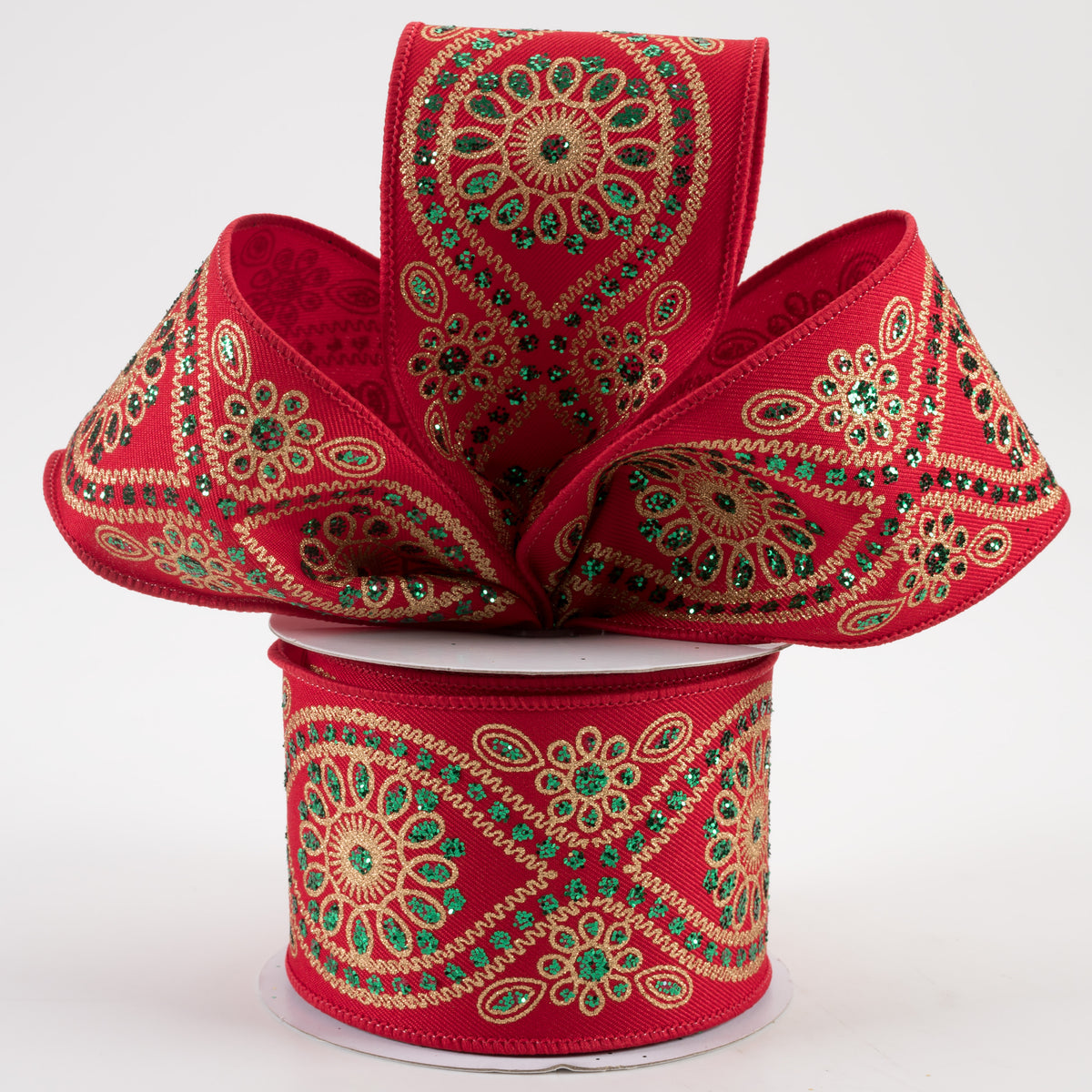 2.5" Deluxe Wavy Floral Ribbon: Red, Emerald, Gold (10 Yards) Lifestyle Photo
