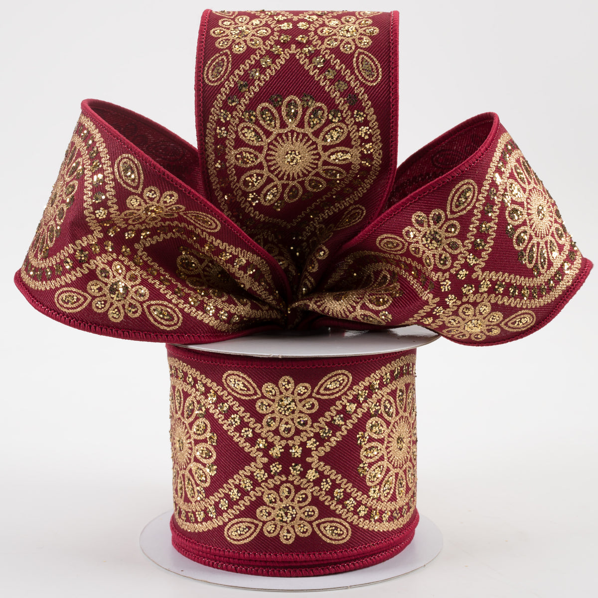 2.5" Deluxe Wavy Floral Ribbon: Wine & Gold (10 Yards) Lifestyle Photo