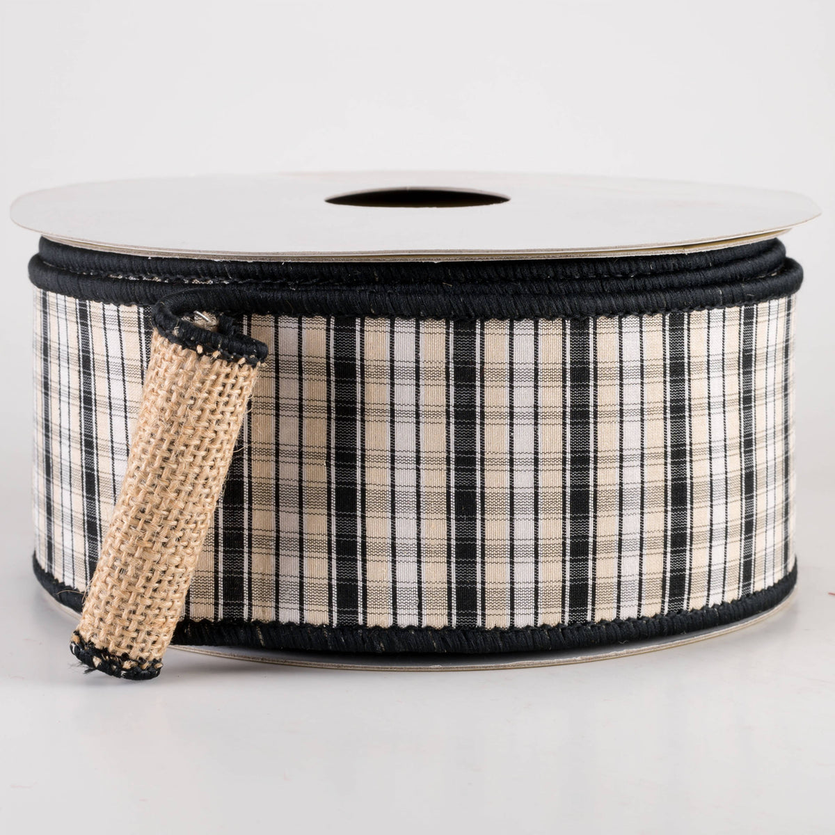 2.5" Designer Burlap Backed Plaid Ribbon: Black, White & Natural (10 Yards) Item Number: 237057