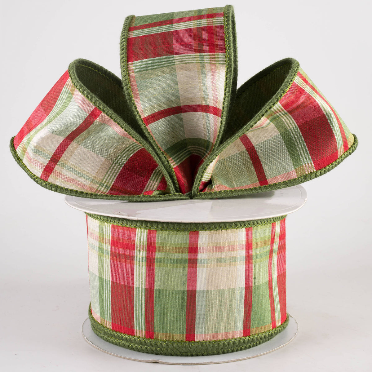 2.5" Designer Double Sided Plaid Ribbon: Red & Moss Green (10 Yards) Lifestyle Photo