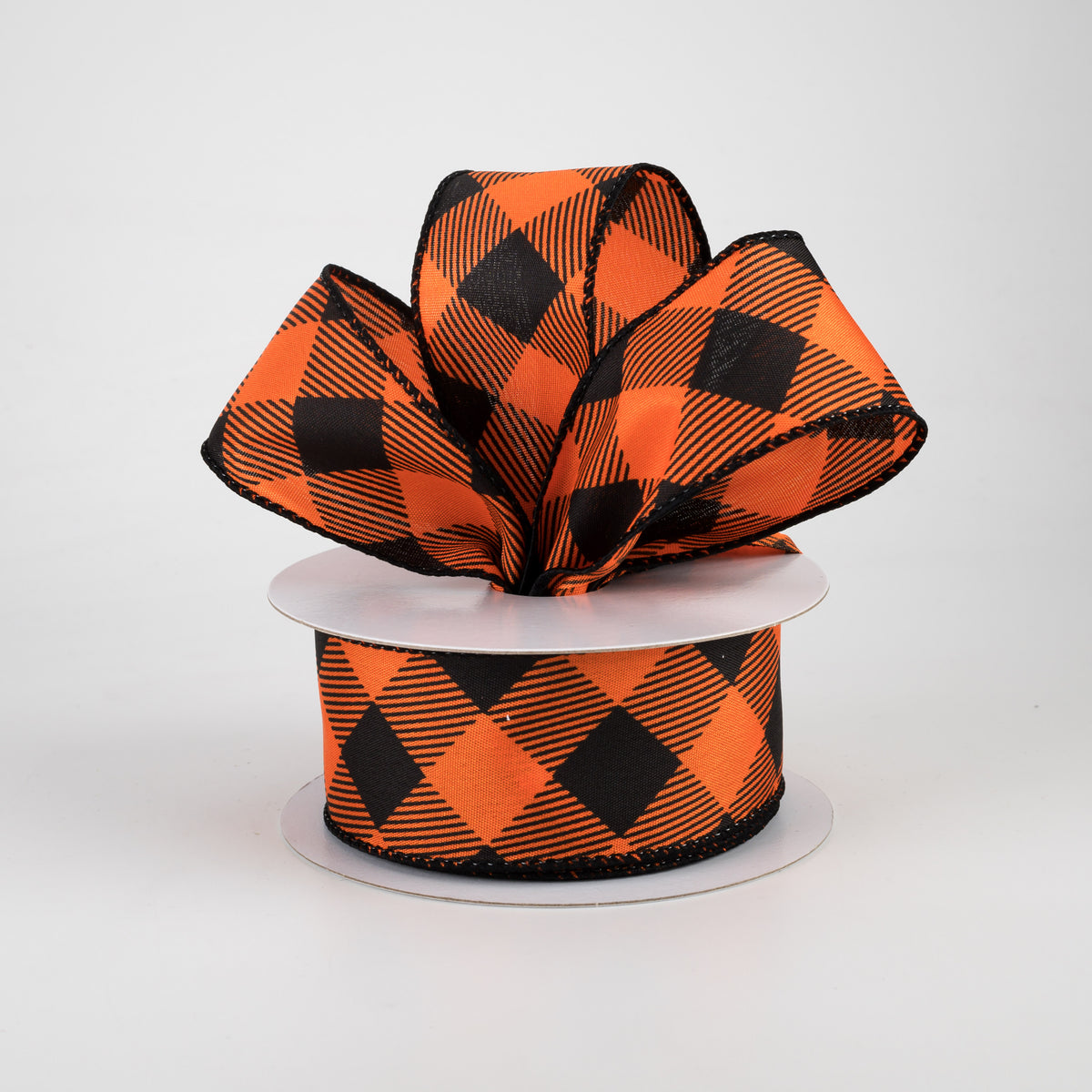1.5" Diagonal Buffalo Plaid Ribbon: Orange & Black (10 Yards) Lifestyle Photo