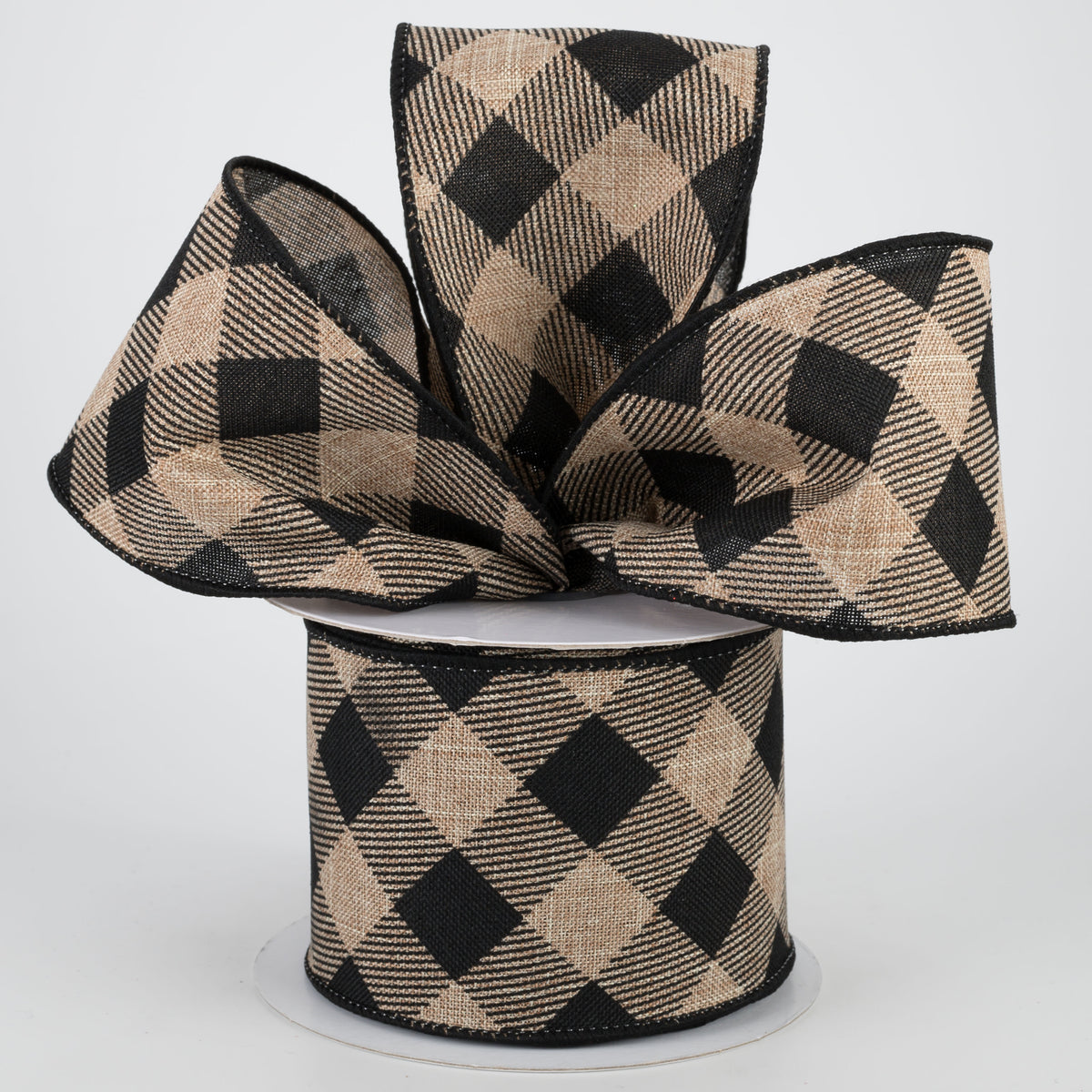 2.5" Diagonal Check Ribbon: Beige & Black (10 Yards) Lifestyle Photo