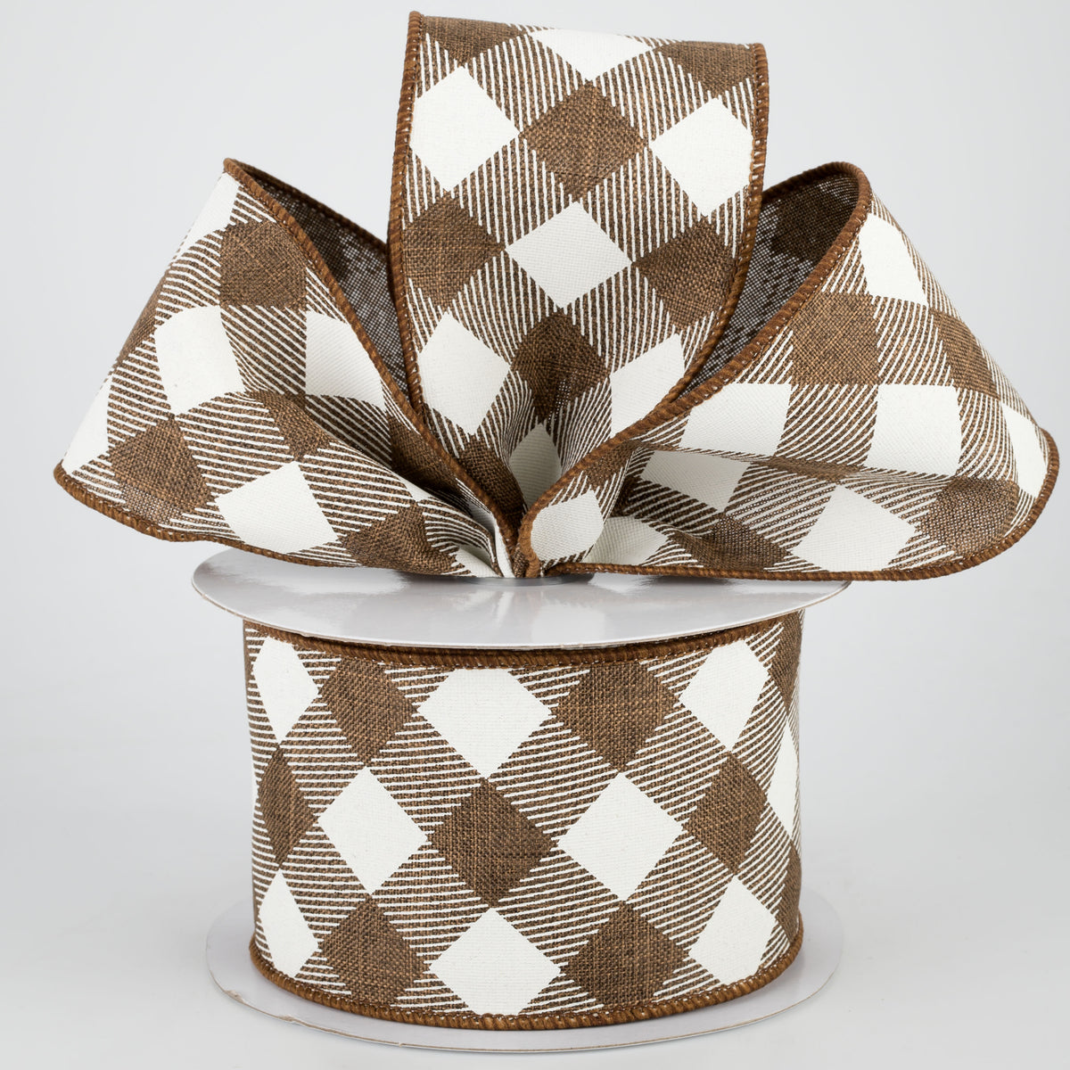 2.5" Diagonal Check Ribbon: Brown & Ivory (10 Yards) Lifestyle Photo